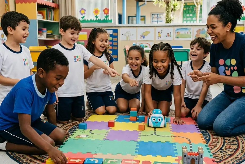 Crianças brincando com atividades de computação desplugada